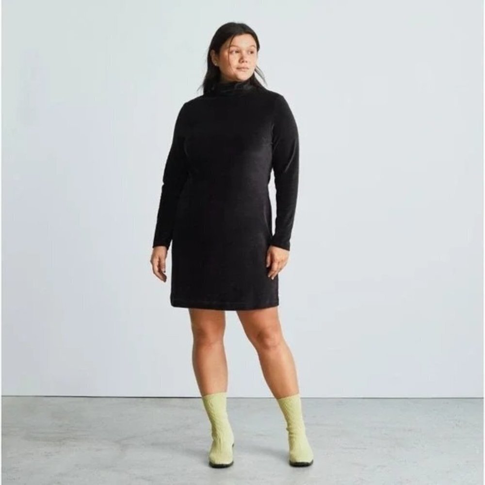 Everlane The Velour Mini Dress Black Mock Neck Long Sleeves Womens Size XS